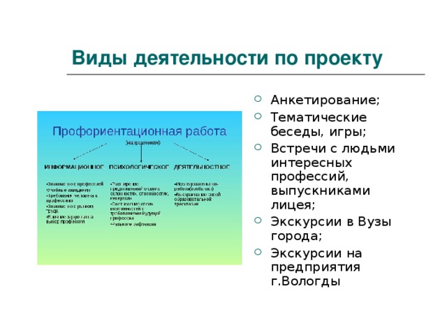 Виды деятельности по проекту Анкетирование; Тематические беседы, игры; Встречи с людьми интересных профессий, выпускниками лицея; Экскурсии в Вузы города; Экскурсии на предприятия г.Вологды 