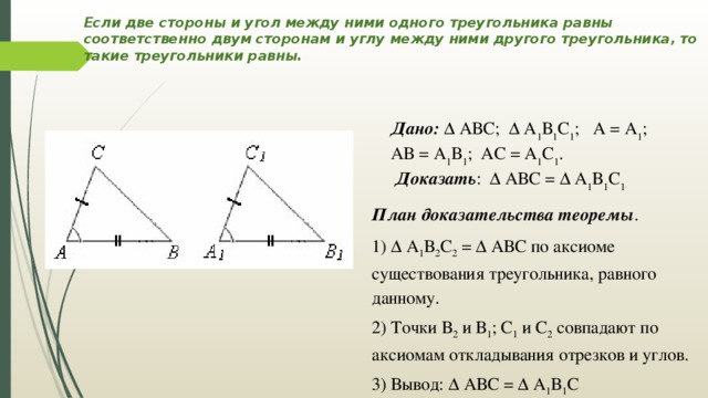 Если две стороны и угол между ними одного треугольника равны соответственно двум сторонам и углу между ними другого треугольника, то такие треугольники равны.   Дано: ∆ АВС; ∆ А 1 В 1 С 1 ; А = А 1 ; АВ = А 1 В 1 ; АС = А 1 С 1 .  Доказать : ∆ АВС = ∆ А 1 В 1 С 1 .  План доказательства теоремы . 1) ∆ А 1 В 2 С 2 = ∆ АВС по аксиоме существования треугольника, равного данному. 2) Точки В 2 и В 1 ; С 1 и С 2 совпадают по аксиомам откладывания отрезков и углов. 3) Вывод: ∆ АВС = ∆ А 1 В 1 С 
