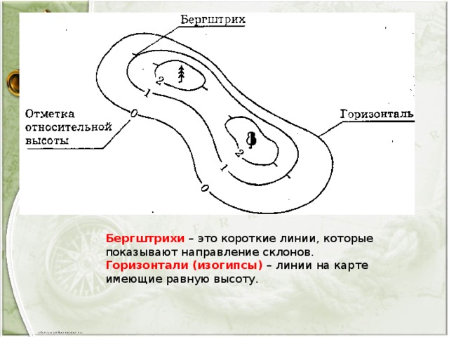 Бергштрихи – это короткие линии, которые показывают направление склонов. Горизонтали (изогипсы) – линии на карте имеющие равную высоту. 