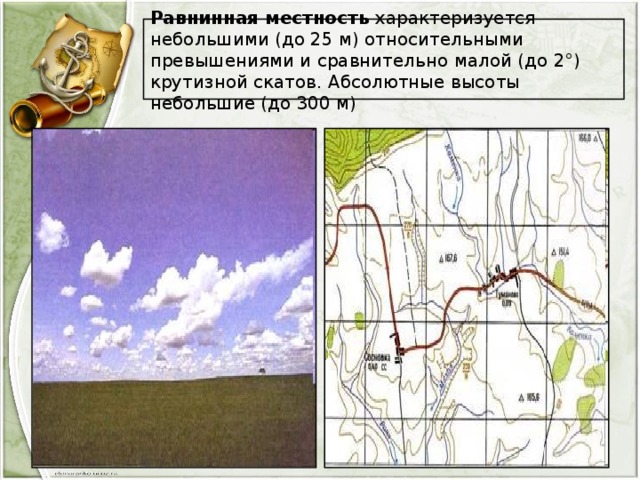   Равнинная местность характеризуется небольшими (до 25 м) относительными превышениями и сравнительно малой (до 2°) крутизной скатов. Абсолютные высоты небольшие (до 300 м)   