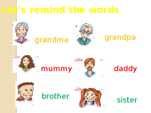 Let’s remind the words grandpa grandma mummy daddy brother sister 