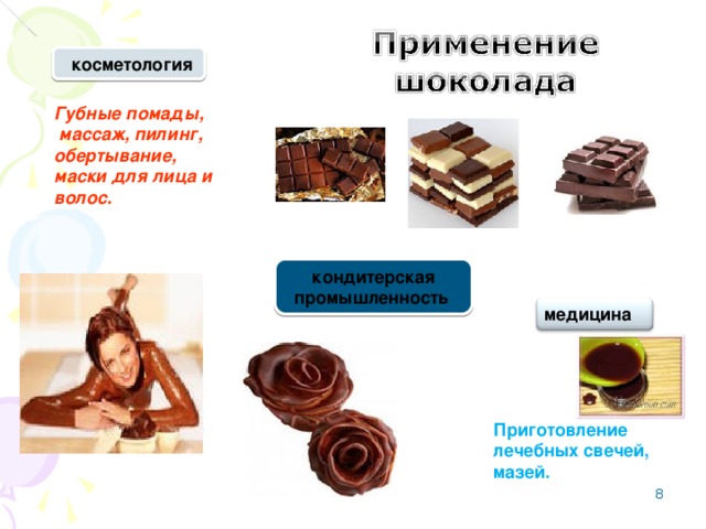  косметология  Губные помады,  массаж, пилинг, обертывание,  маски для лица и волос.  кондитерская промышленность  медицина  Приготовление лечебных свечей, мазей.  8 