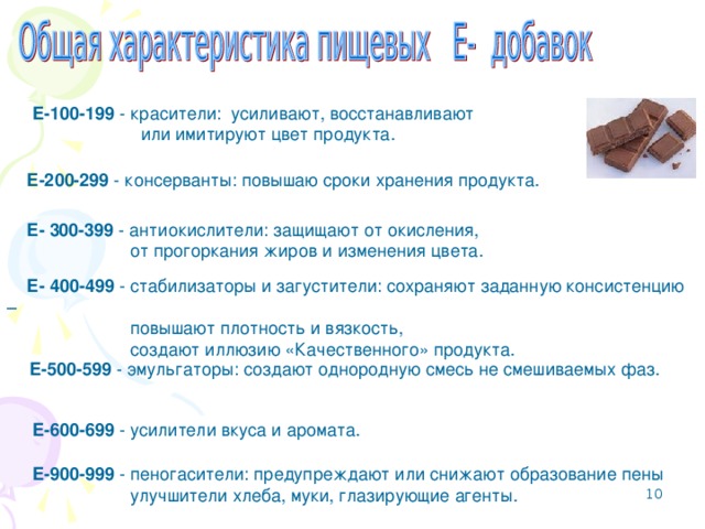 Е-100-199 - красители: усиливают, восстанавливают  или имитируют цвет продукта. Е-200-299 - консерванты: повышаю сроки хранения продукта. Е- 300-399 - антиокислители: защищают от окисления,  от прогоркания жиров и изменения цвета.  Е- 400-499 - стабилизаторы и загустители: сохраняют заданную консистенцию –  повышают плотность и вязкость,  создают иллюзию «Качественного» продукта. Е-500-599 - эмульгаторы: создают однородную смесь не смешиваемых фаз. Е-600-699 - усилители вкуса и аромата. Е-900-999 - пеногасители: предупреждают или снижают образование пены  улучшители хлеба, муки, глазирующие агенты. 8 