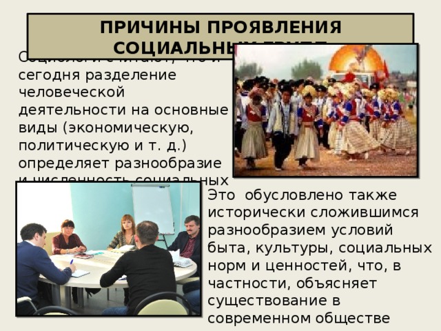 ПРИЧИНЫ ПРОЯВЛЕНИЯ СОЦИАЛЬНЫХ ГРУПП Социологи считают, что и сегодня разделение человеческой деятельности на основные виды (экономическую, политическую и т. д.) определяет разнообразие и численность социальных групп, их положение в обществе. Это обусловлено также исторически сложившимся разнообразием условий быта, культуры, социальных норм и ценностей, что, в частности, объясняет существование в современном обществе этнических и религиозных групп . 