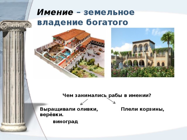 Имение  – земельное владение богатого человека.  Чем занимались рабы в имении? Выращивали оливки, Плели корзины, верёвки.  виноград 