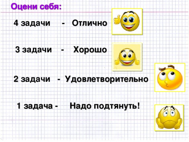 4 задачи - Отлично 3 задачи - Хорошо 2 задачи - Удовлетворительно 1 задача - Надо подтянуть! 12