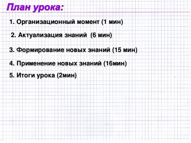 1. Организационный момент (1 мин) 2. Актуализация знаний (6 мин) 3. Формирование новых знаний (15 мин) 4. Применение новых знаний (16мин) 5. Итоги урока (2мин)