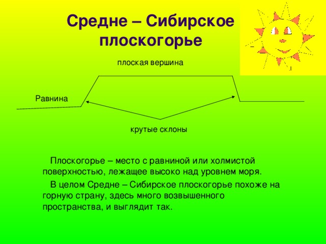 Средне – Сибирское плоскогорье  Плоскогорье – место с равниной или холмистой поверхностью, лежащее высоко над уровнем моря.  В целом Средне – Сибирское плоскогорье похоже на горную страну, здесь много возвышенного пространства, и выглядит так. 
