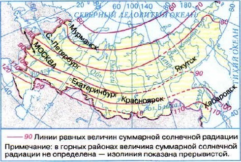 Используя карту суммарной солнечной радиации, определите количество солнечной  радиации в городах: Санкт-Петербург, Красноярск, Екатеринбург, Хабаровск, Мурманск, Москва, Якутск, Екатеринбург.